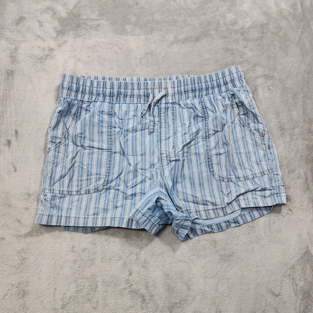Maurices Shorts Women L Blue Striped Chambray Drawstring Pull On Casual Nautical